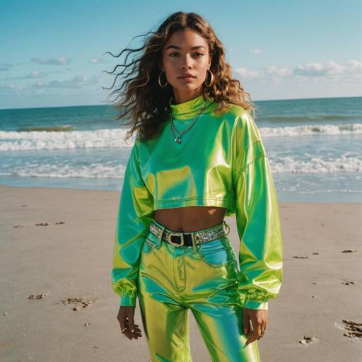 Woman in Futuristic Lime Green Outfit on Beach