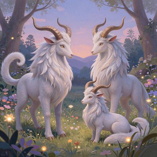 Digital fantasy artwork of three white, fluffy, horned creatures with long manes in a magical forest at sunset, surrounded by glowing flowers and trees.
