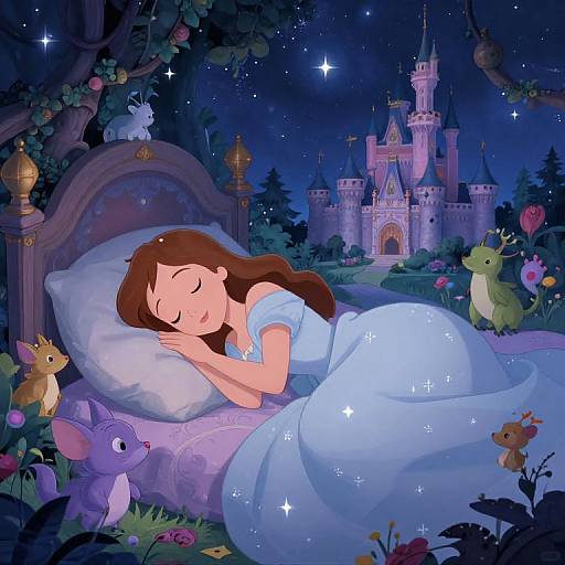 Digital illustration of a sleeping princess in a blue sparkly gown, surrounded by fairy tale animals, under a starry night sky with a magical castle in