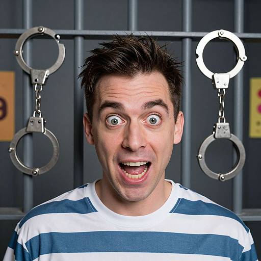 Photograph of a shocked man with wide eyes, open mouth, wearing a blue and white striped shirt, standing in front of metal bars with handcuffs