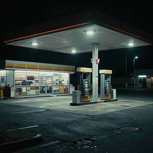 Nighttime photograph of a deserted gas station with brightly lit canopy, empty fuel pumps, and illuminated convenience store.