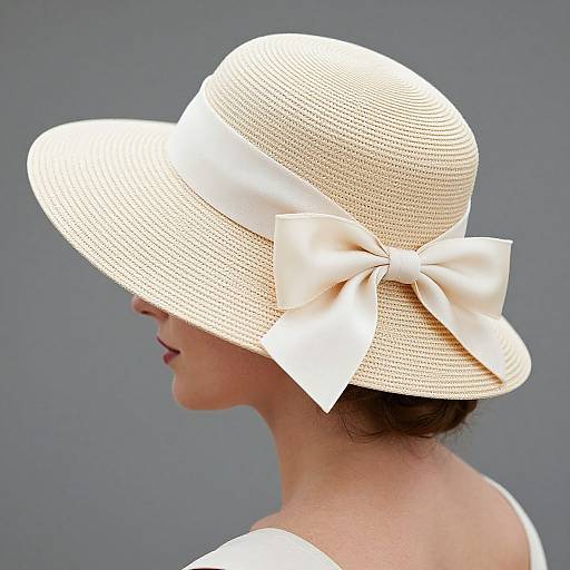 Photograph of a woman in profile, wearing a large, white straw hat with a cream satin bow, against a gray background.