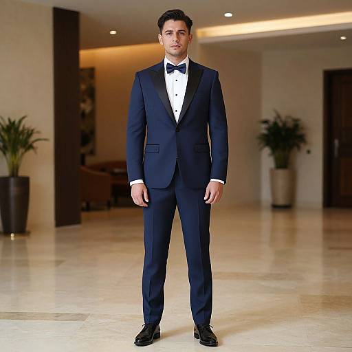 Photograph of a handsome man with dark hair, fair skin, wearing a navy tuxedo with black bow tie and white shirt, standing in a