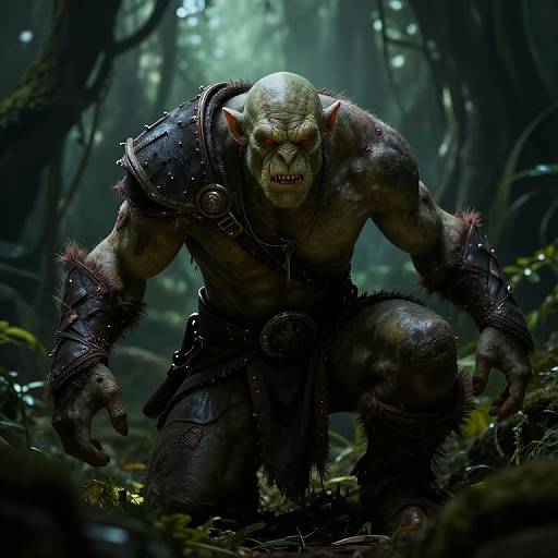 CGI image of a muscular, bald orc with green skin, sharp teeth, and pointed ears, crouching in a dark, misty forest