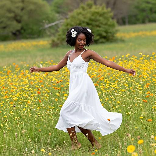 Photograph of a beautiful Black woman with curly hair adorned with white flowers, wearing a flowing white dress, dancing in a vibrant yellow wildflower field with