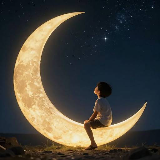 A child with short black hair, wearing a white shirt and brown shorts, sits on a glowing, crescent moon against a starry night sky.