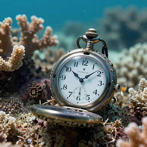 Photograph of a vintage silver pocket watch with black hands and numbers, resting on a colorful coral reef, underwater.
