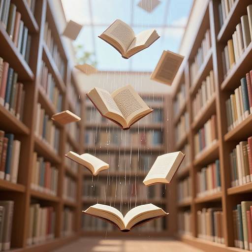 Photograph of open books floating in mid-air down a sunlit library aisle with tall wooden bookshelves filled with books.
