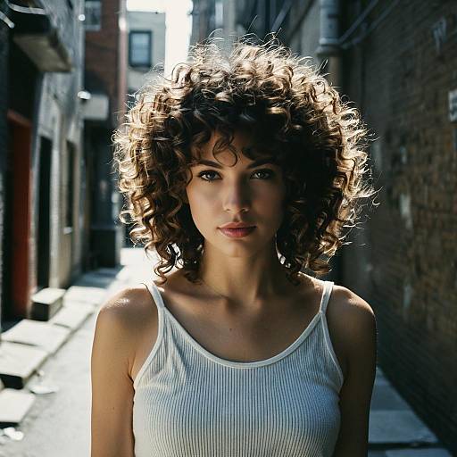 Woman with Curly Shag Hairstyle in Urban Alley