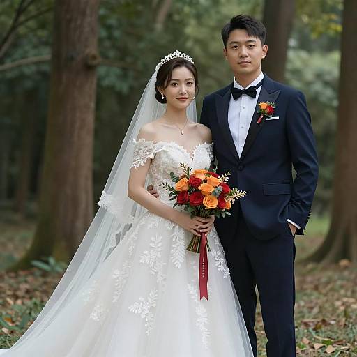 Elegant Asian Couple Wedding Portrait in Forest