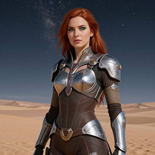 CGI image of a red-haired woman with green eyes, wearing silver armor over a black bodysuit, standing in a desert under a starry