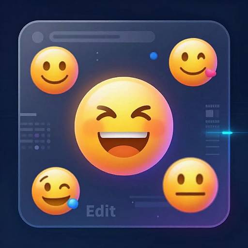 Digital illustration of five yellow smiley faces with glowing edges, set against a dark blue, square, tech-themed background. One central face winks,