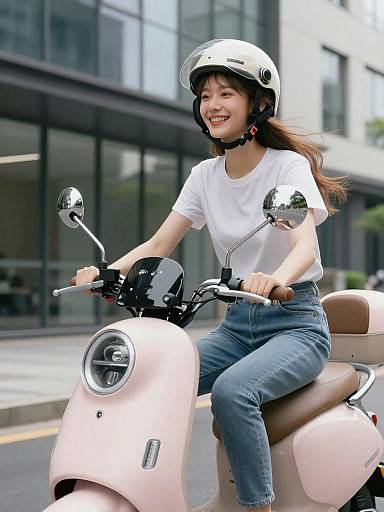 Smiling Woman Riding Pastel Pink Scooter