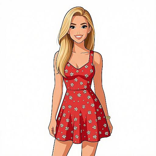Digital illustration of a smiling blonde woman in a red floral sundress, standing against a white background, with long hair and light skin.