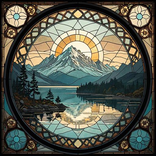 Stained Glass Window of Mountain Lake at Dawn