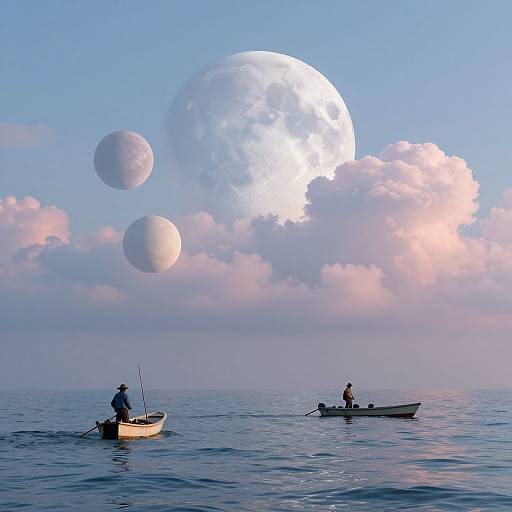 Photograph of two fishermen in small boats on calm ocean, with three large, glowing moons in pastel sky.
