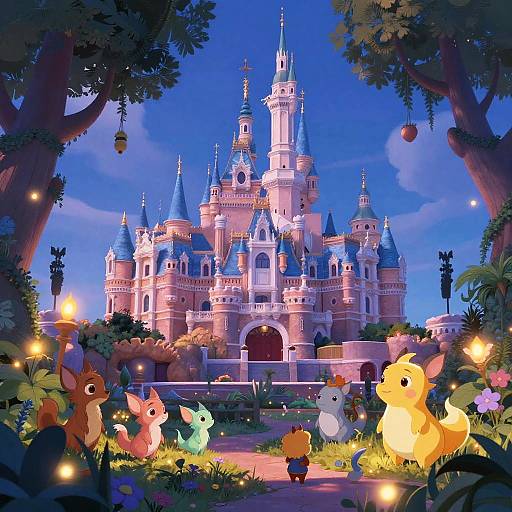Whimsical digital illustration of a magical castle at dusk, surrounded by glowing fireflies and colorful, cartoonish animals: foxes, chicks, and