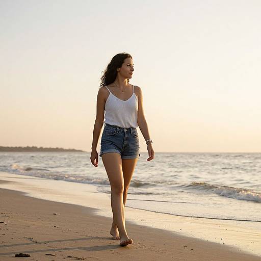 Photograph of a smiling woman with curly hair, wearing a white tank top and denim shorts, walking barefoot on a sunlit beach at sunset.