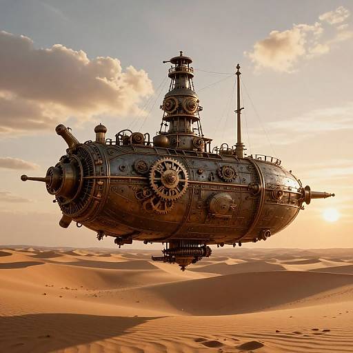 Photograph of a steampunk airship hovering over a golden desert at sunset, with intricate gears, antennas, and a clock tower.