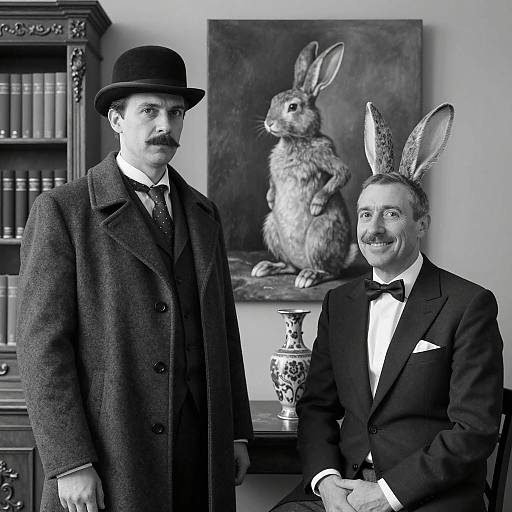 Vintage B&W Portrait of Men and Rabbit
