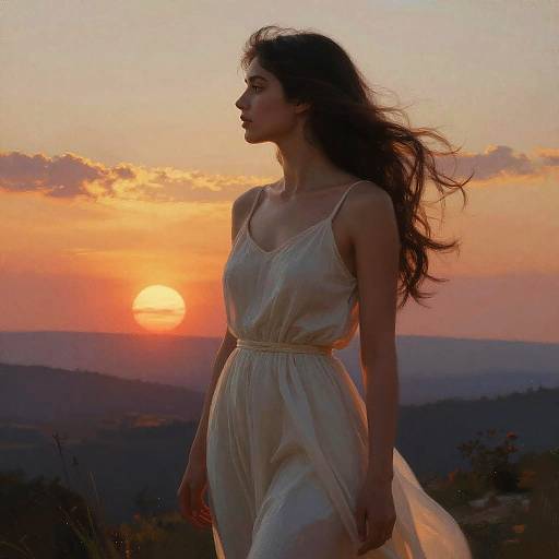 Photograph of a slender woman with long brown hair in a white sundress, silhouetted against a vibrant orange sunset sky.