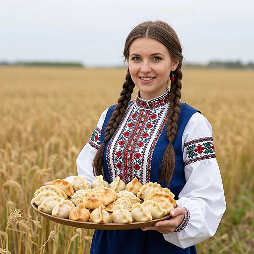 Woman in Traditional Russian Attire with Dumplings