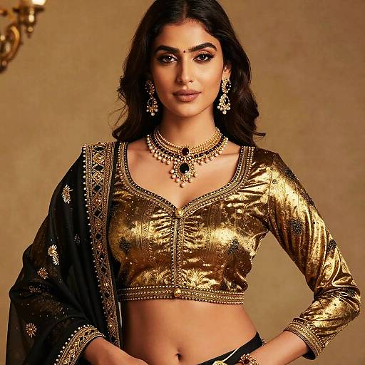 Photograph of a beautiful Indian woman with dark hair, wearing a gold embroidered crop top, black saree, and intricate jewelry, standing against a beige