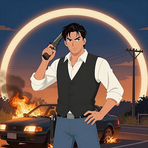 Intense Man with Gun and Burning Car