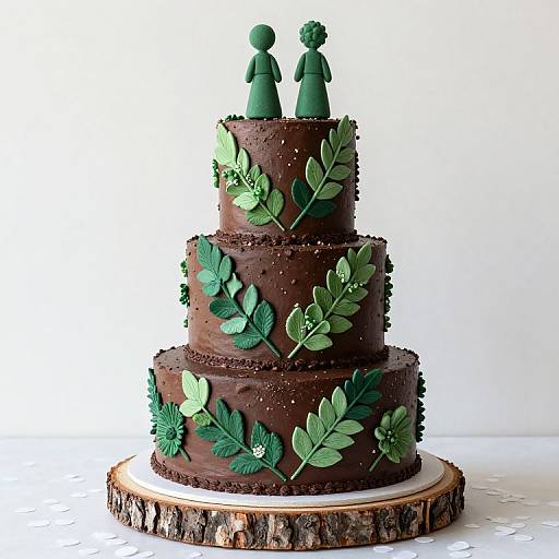 Three-Tier Chocolate Wedding Cake with Green Leaf Decorations