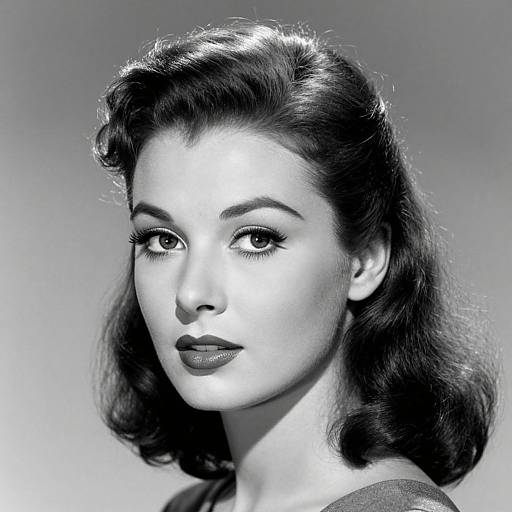 Black and white photograph of a 1940s-style woman with wavy dark hair, bold eyebrows, dark lipstick, and intense gaze, set against