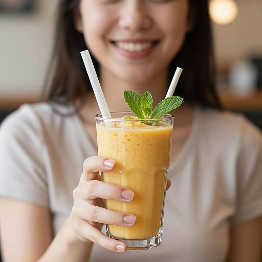 Photograph of a smiling woman with long dark hair, wearing a white t-shirt, holding a glass of orange smoothie with two straws and a
