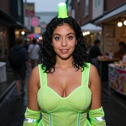 Photograph of a curvy woman with dark curly hair, wearing a neon green outfit with a small hat, standing on a rainy, bustling street at