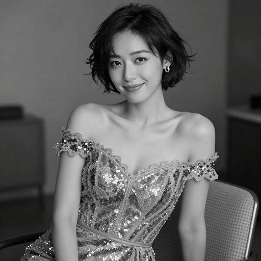 Black-and-white portrait of woman in sequined dress