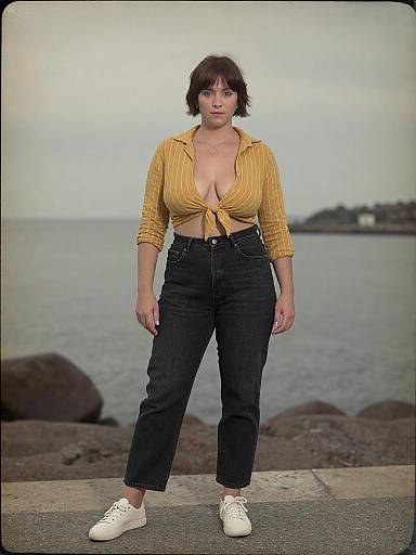 Photograph of a woman with short brown hair, yellow tied-up blouse, black high-waisted jeans, white sneakers, standing by a sea with