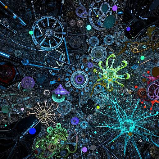 Abstract digital artwork featuring vibrant, neon-colored circles, gears, and splatter patterns in blue, purple, green, yellow, and red against a dark