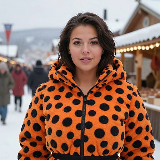 Photograph of a woman with medium-length dark hair wearing an orange, black polka dot, fuzzy hoodie standing in a snowy outdoor Christmas market.