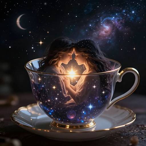 Photograph of a transparent teacup with a starry night sky inside, containing an illuminated silhouette of a child with long hair, holding a glowing
