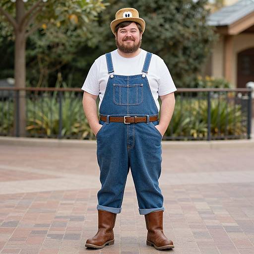 Photograph of a bearded man with a beard, wearing a tan hat, white shirt, blue denim overalls, brown belt, and brown boots