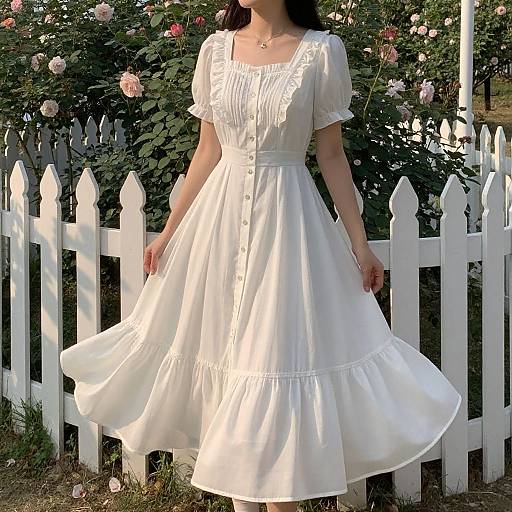 Photograph of a woman in a white, buttoned, short-sleeved, flared dress, standing in front of a white picket fence