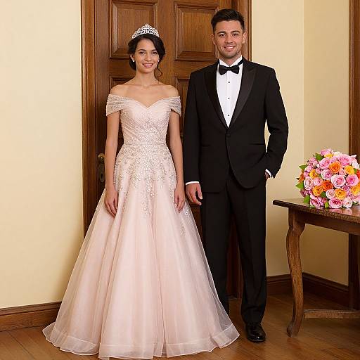 Photograph of a bride in an off-shoulder, pink lace wedding gown and tiara, standing beside a groom in a black tuxedo