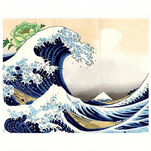 Green Peony with Ukiyo-e Wave