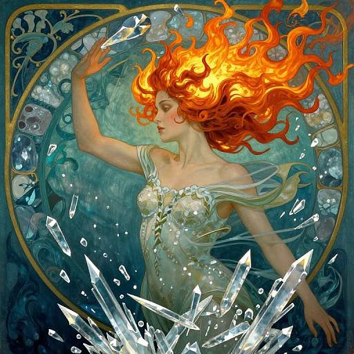 Digital painting of a fair-skinned woman with fiery red hair, wearing a transparent dress adorned with jewels, surrounded by sparkling crystals.