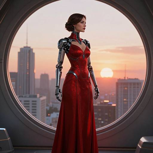 Photograph-style CGI of a robotic woman in a red, form-fitting gown, standing in front of a sunset cityscape through a circular window.