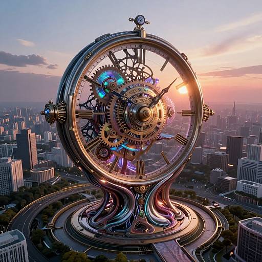 Digital artwork of a giant, ornate, steampunk clock tower with glowing gears and neon lights, towering over a cityscape at sunset.