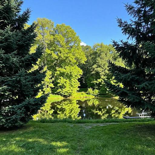 Photograph of a vibrant, sunny park scene with a yellow-leaved tree reflected in a calm pond, surrounded by dark green pine trees and lush grass