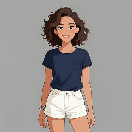Digital anime-style drawing of a smiling young woman with curly dark brown hair, wearing a navy blue t-shirt and white shorts, standing against a plain gray