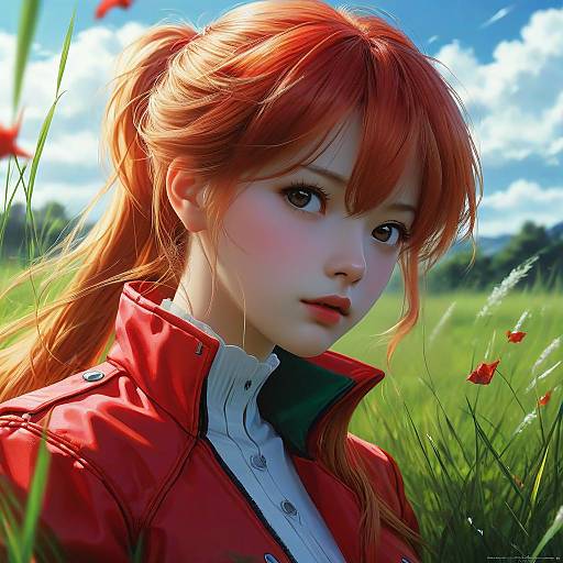 Digital anime-style portrait of a red-haired girl with large eyes, wearing a red jacket, standing in a grassy field with red flowers and a bright