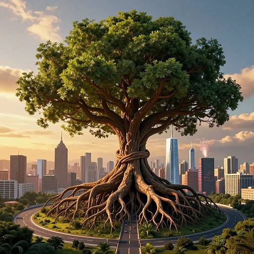 Giant tree with massive roots in cityscape, skyscrapers in background, sunset sky, highway circling base, digital art style.