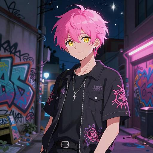 Anime-style digital drawing of a pink-haired, yellow-eyed boy in a black shirt with neon floral patterns, standing in a graffiti-covered, neon-lit