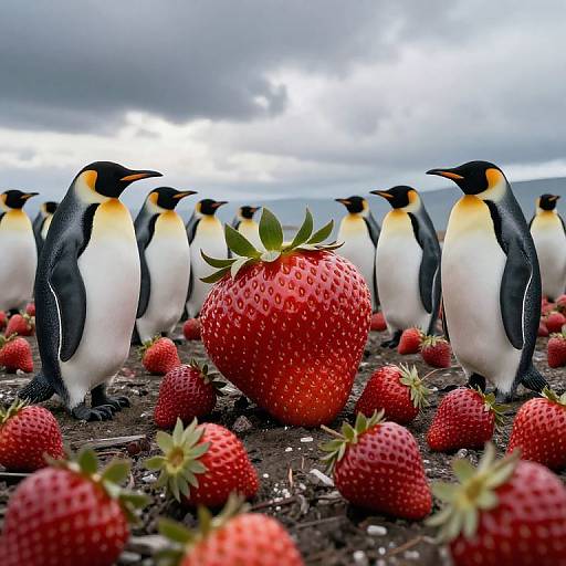 Surreal Strawberry Landscape with Penguins